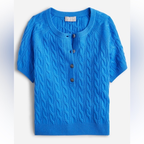 J. Crew Blue Cashmere Women’s Henley Cable Knit Short Sleeve Sweater - Picture 6 of 6